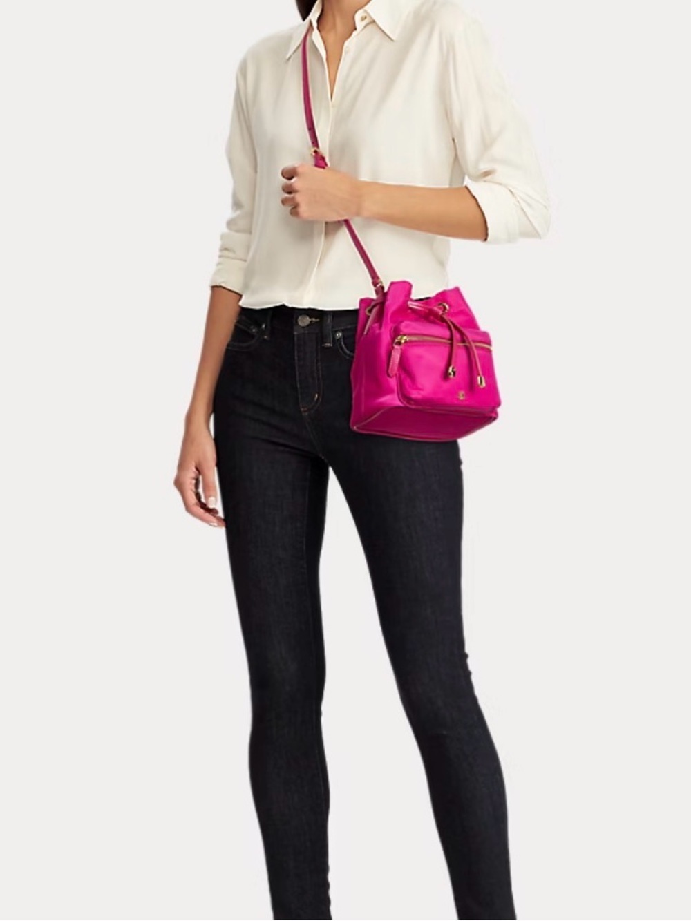 Ralph Lauren Mini Debby II Pink Fuscia Nylon and Leather Bucket Drawstring Bag
